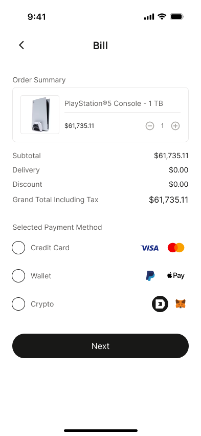 Checkout bill showing order summary with Credit Card, Wallet and Crypto payment options