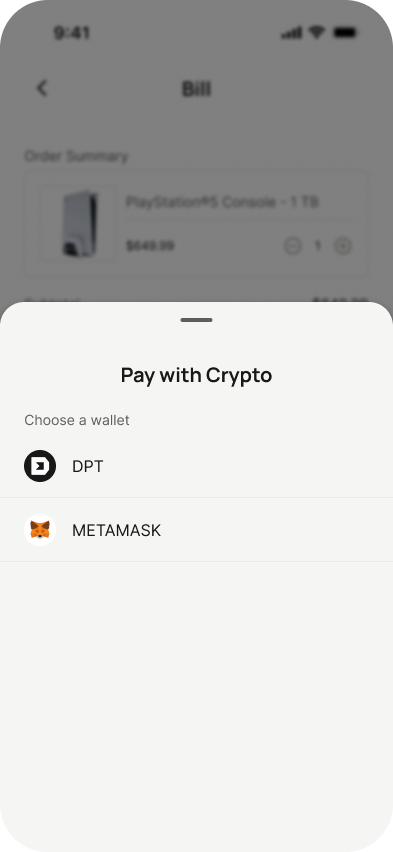 Pay with Crypto sheet showing DPT and MetaMask wallet options