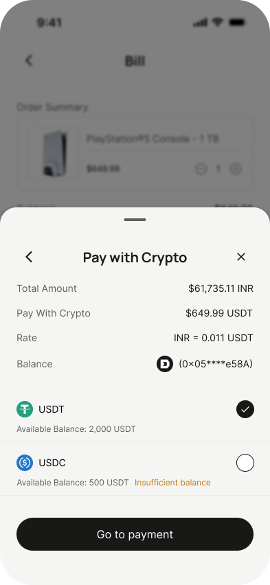 Token selection screen with USDT and USDC balances, locked FX rate and Go to payment button