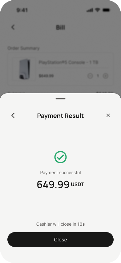Payment successful screen showing 649.99 USDT paid