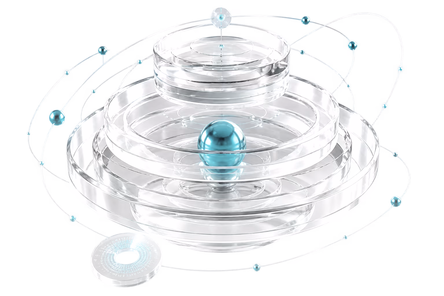A teal sphere balanced at the centre of concentric glass rings