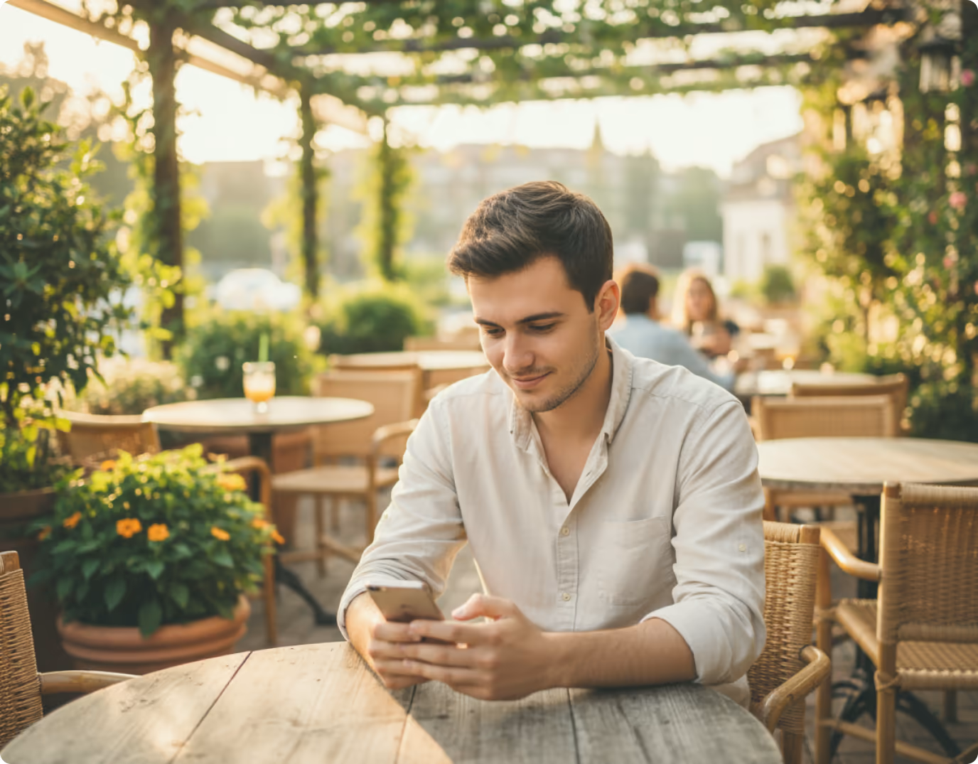 A man checking his phone at an outdoor café table