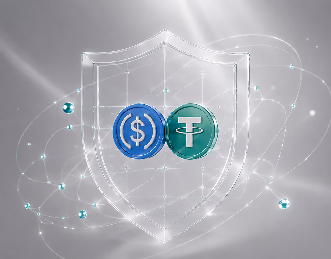 USDC and USDT coins resting behind a glass shield