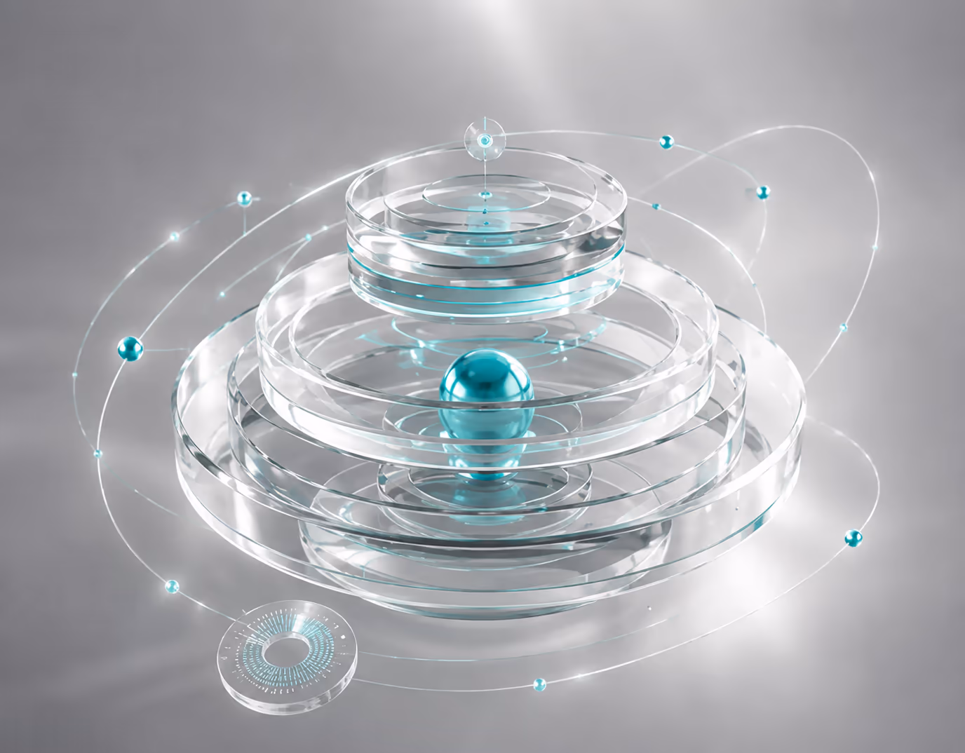 A teal sphere held at the centre of concentric glass rings