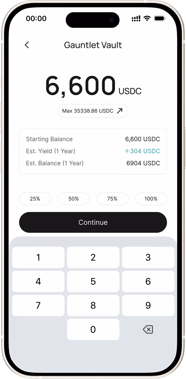 DPT app deposit screen showing 6,600 USDC with estimated yield and balance after one year