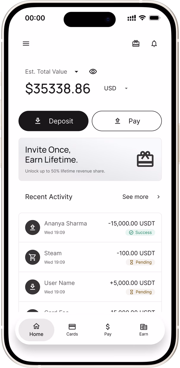 DPT app home screen showing the account balance and Deposit / Pay actions