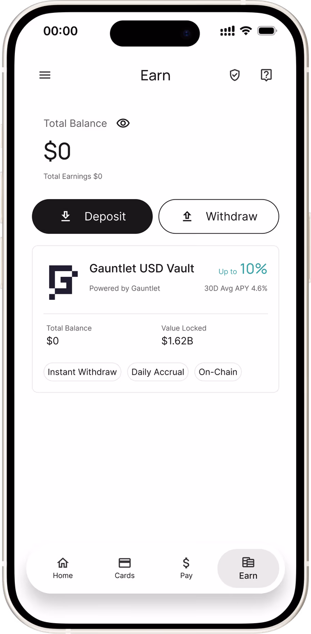 DPT app Earn screen showing the Gauntlet USD Vault with its indicative APY