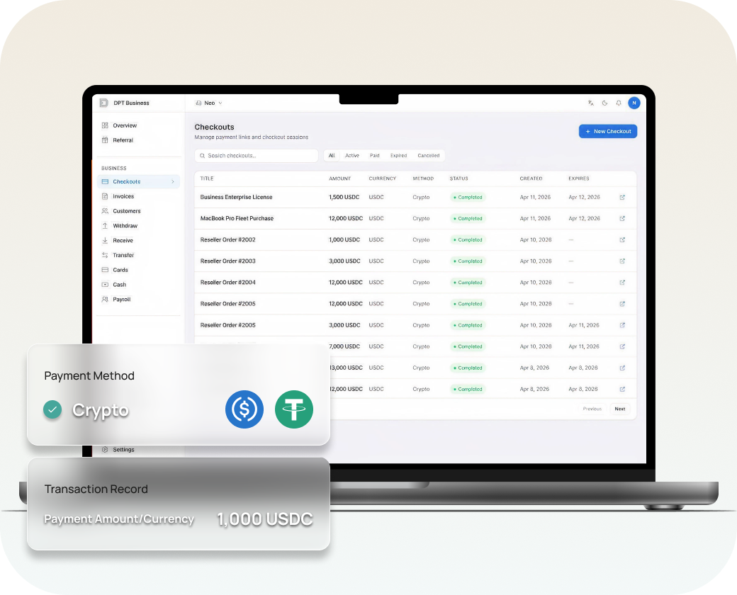 DPT Acquire merchant dashboard — checkouts list with multi-currency payment methods